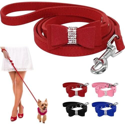 Seude Leather Dog Leash Rope Small Medium Dogs Walking Lead Leashes Strap Bling Rhinestone Bowknot Accessories Pet Supplies Pink