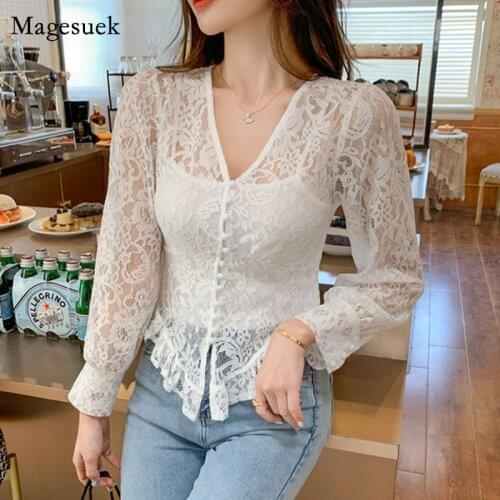 Lace 2021 Deep V Neck Shirt Princess Style Ruffled Womens Large Size 5XL Top Long-sleeved Short French Court Blouse Blusa 14027