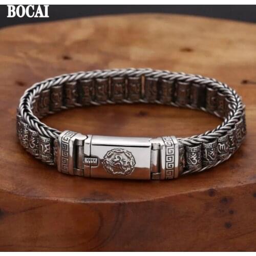 BOCAI 2021 Fashion S925 Silver Braided Double Row Bracelet Retro Six-character Mantra Domineering Hip-hop Man Bracelet