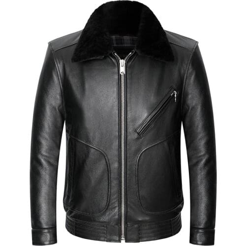 Mens Winter Thick Genuine Leather Jacket Detachable Wool Collar Windbreaker Real Cowhide Leather Coat High Quality
