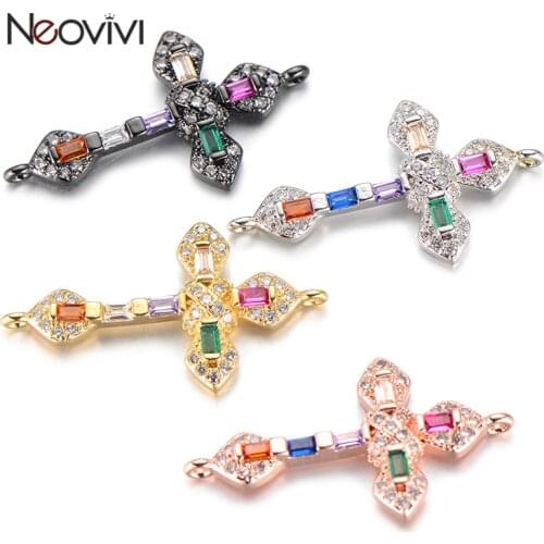 Neovivi Rainbow Cross Charm Micro Pave Rectangle Zircon Connector CZ Beads for Jewelry Making Women Bracelet Necklace Needlework