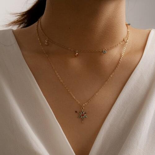 Docona Luxury Colorful Rhinestone Pendant Necklace for Women Simple Double Layer Geometric Alloy Sweater Chain Jewelry 13580