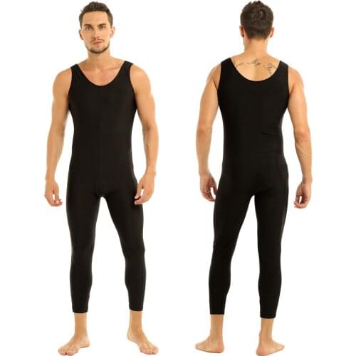Sexy Mens Adults Well Fit One Piece Scoop Neck Sleeveless Skin-Tight Solid Color Vest Unitard Bodysuit Dancewear for Performance