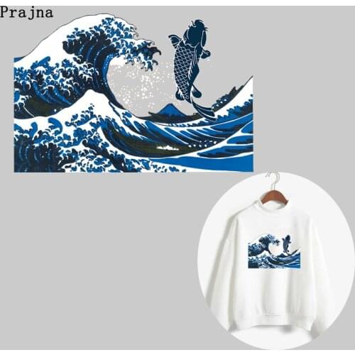 Prajna Japanese Wave Fish Patch Iron-on Transfers Vynil Heat Transfer Cartoon Van Gogh Eye Thermal Patches For Clothing Applique