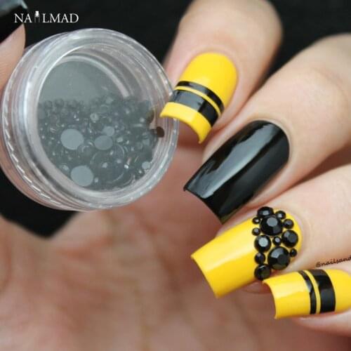 Mix 3sizes Black 3d Nail Rhinestone Pearls Art Flatback Nail Tips Sticker Decoration Wheel