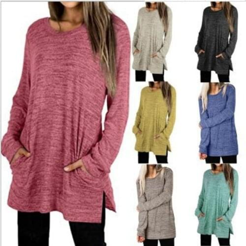 Round-neck Long-sleeve Pocket Loose Medium-length Clothing Black Green Gray Yellow Tops for Women
