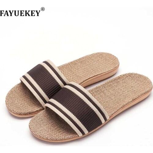 FAYUEKEY Flax Linen Home Summer Slippers For Men Beach Non-slip Casual Floor Outdoor Breathable Slides Slippers