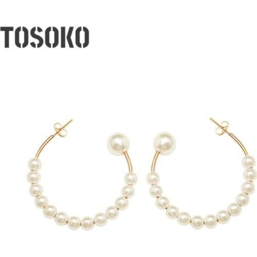 TOSOKO Stainless Steel Jewelry Pearl Exaggerated Earrings C-Shaped Earrings Elegant Female Earrings BSF256