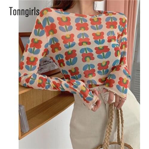 Tonngirls Flower Printed Mesh Tops Women Idyllic Style Long Sleeve T Shirt Slim Harajuku Spring T-shirts Korean Style Basic Tees