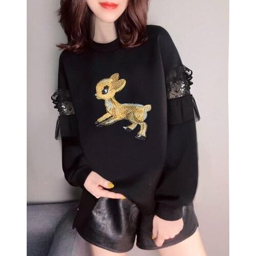 New Spring and Autumn Womens Hoodie Fashion Loose Black Short Wild Deer Pullover Outdoor Leisure Sports Long-sleeved Top