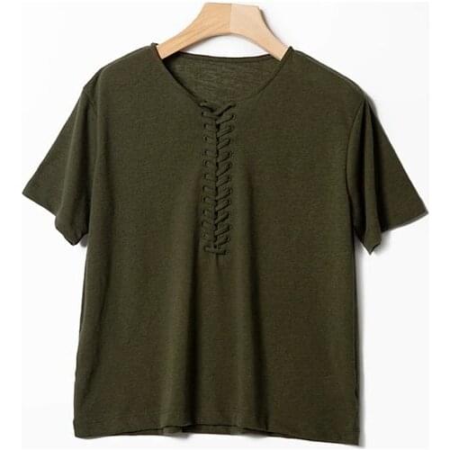Ladies Lace-up Cotton O Neck Short Sleeve Top