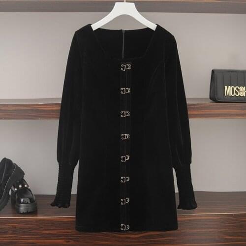 4XL plus size women elegant vintage velvet dress autumn winter 2021 fashion Lanterns sleeve square collar black short dresses