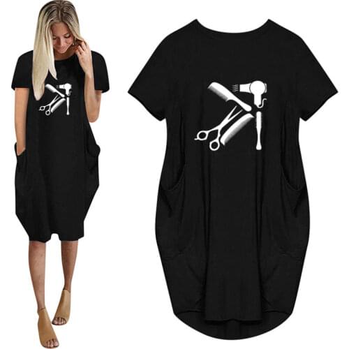Hairdressing Hair Salon Hairstyle Barber Print Women Casual Loose Dress With Pocket Ladies O Neck Long Tops Female T Shirt Dress
