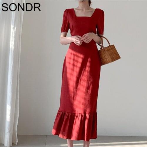 One Piece Cotton Linen Party WomenS Dress 2020 Summer Fashion Korea Vintage Dress Casual Square Collar High Waist Dresses