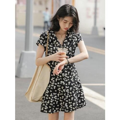 Vintage Dress For Women 2021 Summer Korean Style Floral Daisy Print Notched Collar Short Sleeve Slim A Line Mini Dress D298