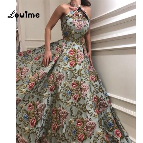 Vintage Floral Print Halter Prom Dresses Couture Evening Gown 2018 Vestido De Festa Longo Elegant Women Party Dress Abendkleider