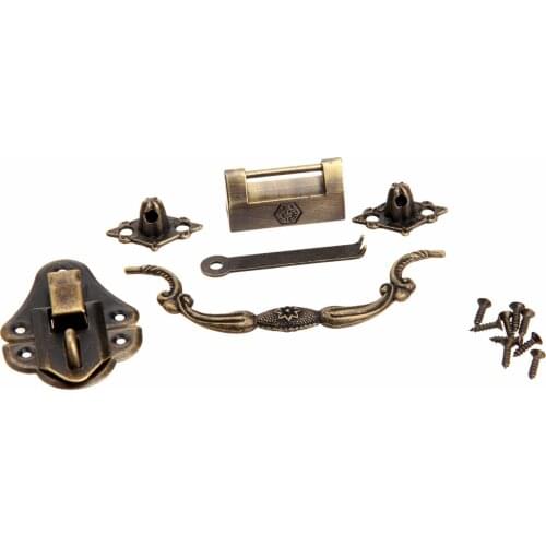 3Pcs Antique Bronze Jewelry Wooden Box Case Toggle Hasp Latch + Chinese Old Lock +Pull Handle Iron Furniture Accessories