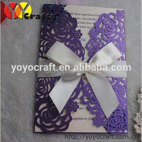 50sets purple wedding invitation cards laser cut flower wedding individual invitation cards with ribbon and buckle as option