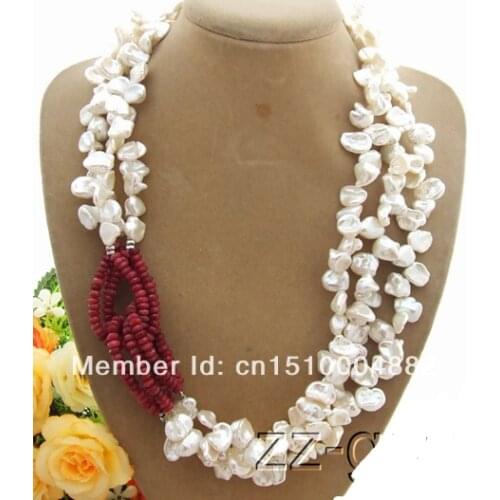 Free shipping 3Strds White Keshi Pearl& Necklace