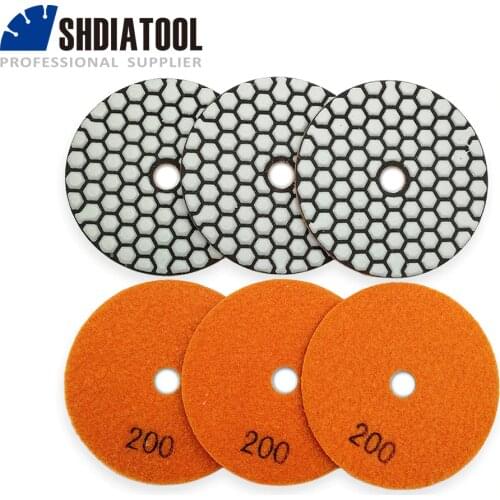 SHDIATOOL 6pcs 4"/100mm Grit #200 Diamond Flexible Dry Polishing Pad Granite & Marble Stone Sanding Disc Resin Bond Polisher Pad