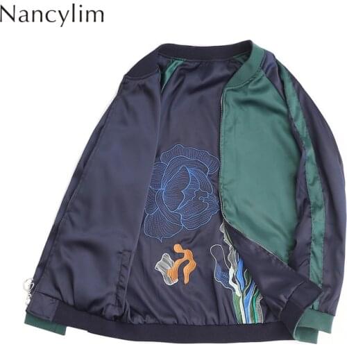Both Sides Wear Harajuku Jacket for Women and Men Embroidered Baseball Short Coat Thin Satin Jacket Femme Students Streetwear
