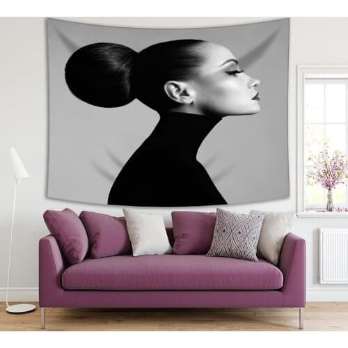 Tapestry Fashion Art Studio Portrait of Elegant Woman in Turtleneck Hair is Collected from in High Beam Photo Black White
