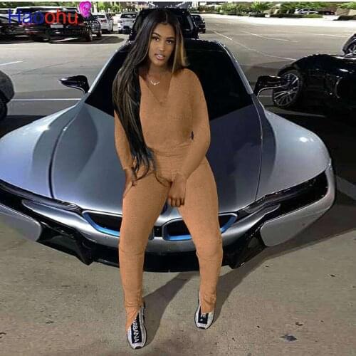 HAOOHU Casual Two Piece Jumpsuit Long Sleeve V-neck Top Side Split Pants Fall Winter Women Clothes 2pcs Tracksuit Matching Sets