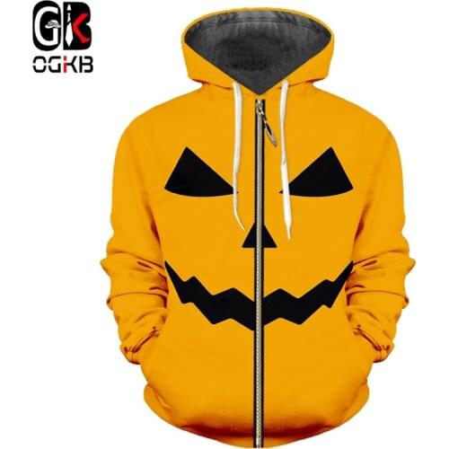 OGKB Man New Halloween Yellow Lovely Zip Hoodies 3D Printed Funny Human Face Pumpkin Pattern Mens Wholesale Coat 5XL