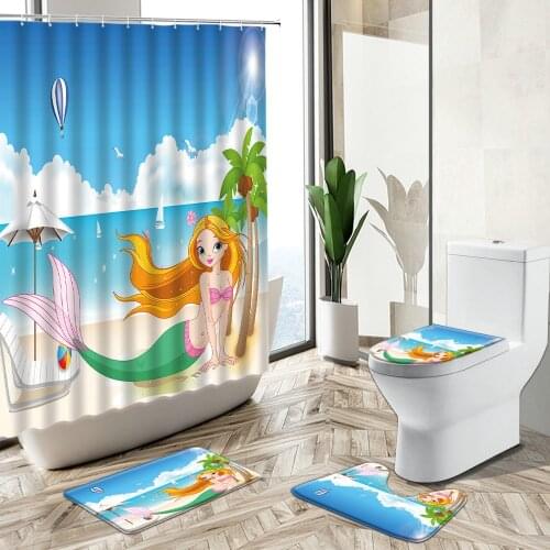 Cartoon Mermaid Girl Shower Curtain Ocean Animal Summer Sea Beach Scenery Bathroom Decor Non-Slip Rug Toilet Cover Bath Mat Set