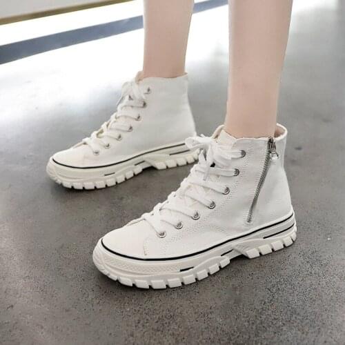 Korea Canvas Shoes Woman White Lace-Up Rubber Woman Zipper Leisure Shoe Fashion Flat Platform High Shoes Ladies Zapatilla Mujer