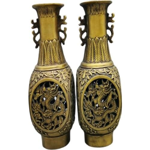 Chinese Old Bronze Statue Brass Dragon And Phoenix Hollow Vase