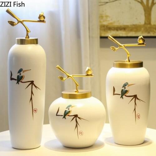 Classical Ink Painting Ceramic Vase Copper Bird Cover Storage Jar Flower Arrangement Porcelain Vases Living Room Decoration