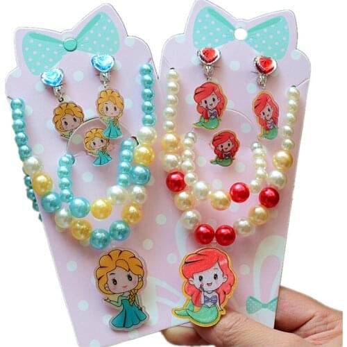 Disney Frozen Childrens Necklace Bracelet Ring Ear Clips Girl Jewelry Princess Earrings Girls Baby Cartoon Earrings Jewelry Set