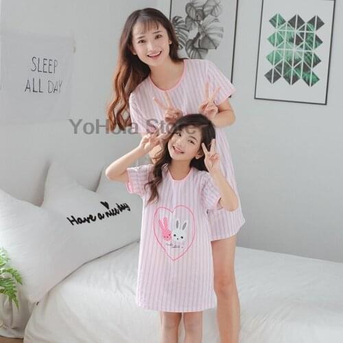 Summer Mother Daughter Family Macthing Dress Sleepwear Mom Baby Short Sleeve V-neck Women & Girls Dress Cotton Cute Cartoon