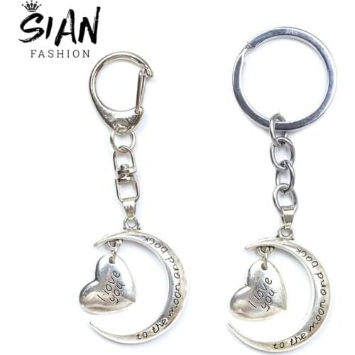Trendy I Love You to the Moon and Bock Keychain Heart and Moon Pattern Key Chain Zinc Alloy Car Keyring for Lovers Jewelry Gifts