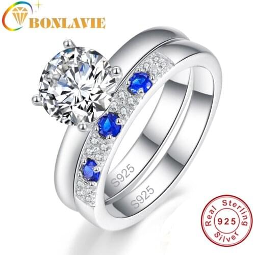 BONLAVIE 2 Pcs 8*8mm Natual Stone Inlaid Round Sappgire Ring Set 925 Sterling Sliver Jewelry Engagement Wedding Ring for Woman