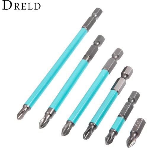 DRELD 6Pcs/set PH2 Anti Slip Phillips Electric Magnetic Screwdriver Bit Set Alloy Steel 1/4" Hex Shank 25/50/70/90/100/125mm