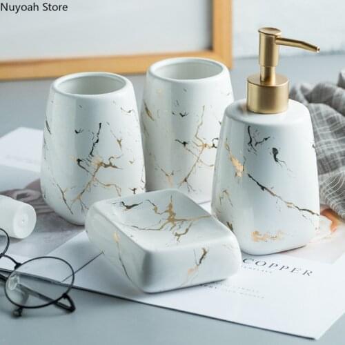 Nordic Bathroom Supplies Simple Ceramic White Gold Marble Pattern Lotion Bottle Mouthwash Cup Soap Dish Set Bathroom Decoration