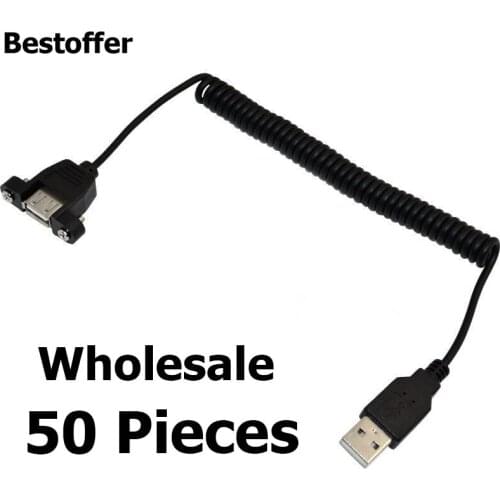 Wholesale 50 pcs/pack USB 2.0 B Female Panel Mount to B male extension coiled Spiral cable 1.5 Meter
