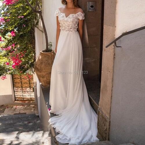 Sexy See Through O-Neckline Boho Wedding Dresses with Cap Sleeves Floral Appliques Chiffon Beach Bride Gown vestido de noiva