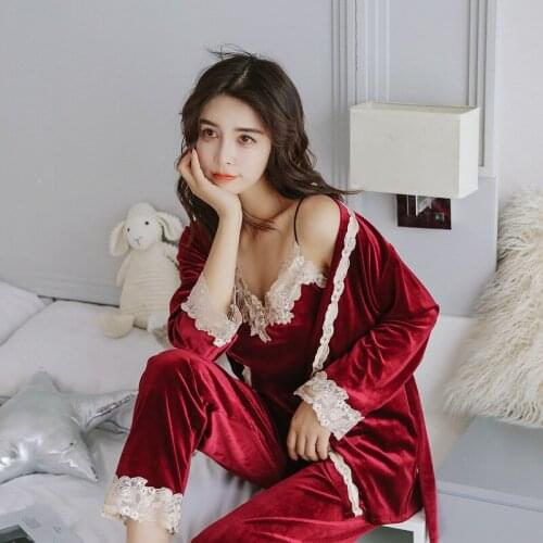 Pajamas for Women Autumn Winter Pajama Sets Warm Sleepwear Sexy Lace 3 Pcs Set Pyjamas Long Sleeve Trousers Pantsuits Homewear