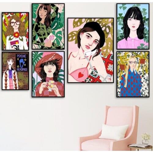 Modern Fashion Girl Portrait Retro Posters and Prints Nordic Abstract Plant Wall Art Canvas Painting Home Decoration Living Room