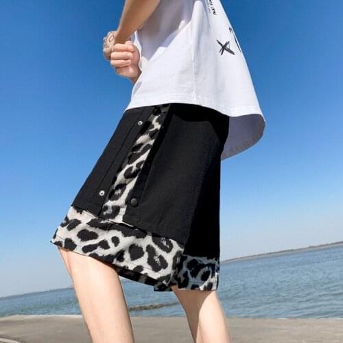 2021 New Summer Leopard Print Shorts Men Patchwork Fake Two Piece Mens Sports Beach Shorts Men Casual Board Shorts Short Pants