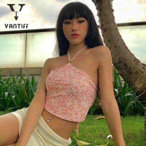 Streetwear Punk Sexy Gothic Cropped Hoodies Women Harajuku Tops Womens Suspender Summer New Flower Pearl Hanging Neck Vest Top
