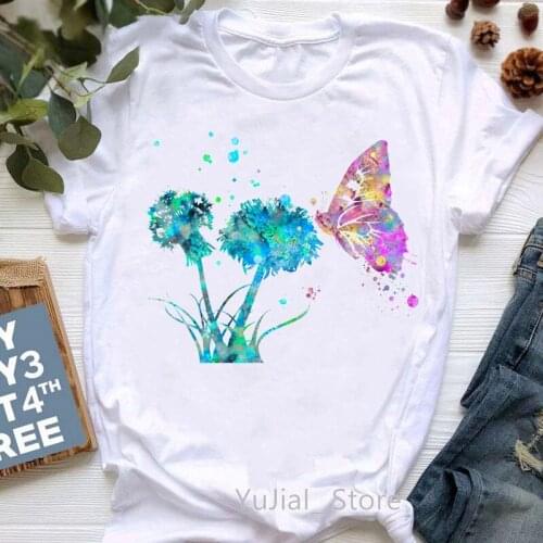 Watercolor Dandelion Butterfly Print WomenS T-Shirt Summer Fashion Style Tshirt Femme Short Sleeve T Shirt Female Wholesale