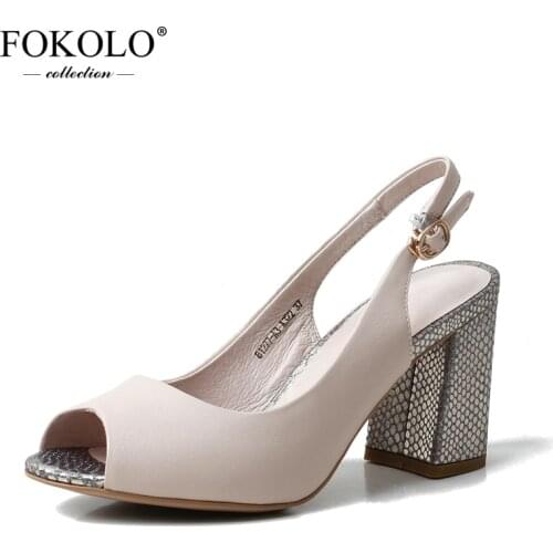 FOKOLO 2020 New Summer Open Toe Shoes Woman Sandals High Quality Apricot Genuine Leather Fashion Sexy Heels zapatos de mujer L4