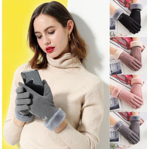 Women Winter Gloves Solid Color Double Layer Plus Velvet Thickening Faux Fur Wrist Mouth Gloves Touch Screen Full Finger