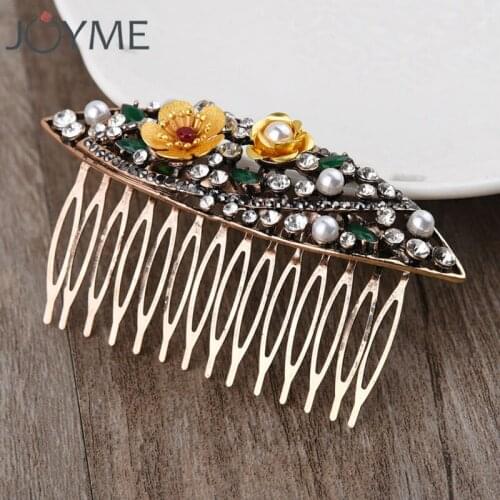 JOYME Floral Flower Hair Combs Headdress Stylish Turkish Jewelry Vintage Gold Women Bridal Weddings Hair Accessories