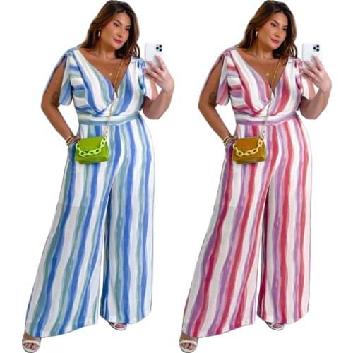 L-4XL plus size jumpsuit women summer clothing fashion stripe tie dye printing loose wide leg Romper wholesale Dropshipping