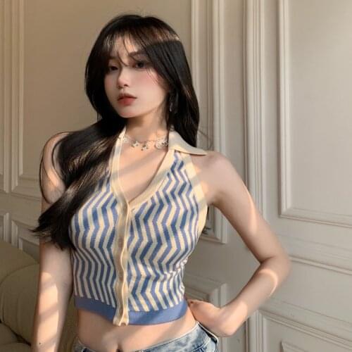 Summer Women Fashion V Neck Sleeveless Sexy Crop Top Backless Hot Lady Tank Tops Streetwear Striped Halter Knitted Tretch Vest